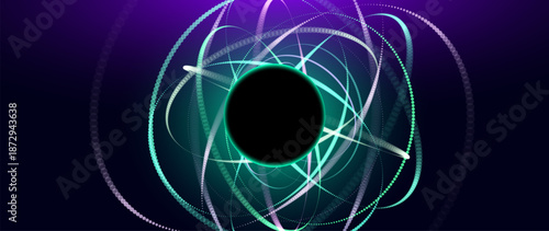 3D Neon Lights Atom with Orbital Electrons. Nuclear Energy, Scientific Research, Molecular Chemistry, Physics Science Concept. Vector Illustration.