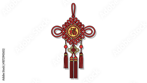 Traditional Chinese Knot (Zhongguo Jie) with Fu Character and Tassels for Lunar New Year.