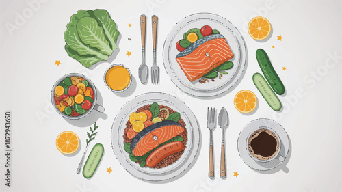 Delicious salmon fillet with vegetables and healthy drinks on table setting