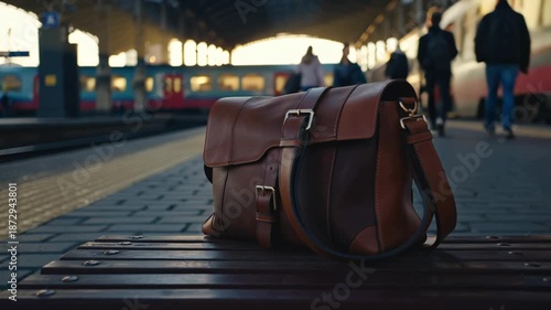 4K timelapse of a brown leather bag on a bench quiet train station, sunrise morning light transition, slow motion commuters walking blurred, trains passing, atmospheric fog lifting, sharp leather