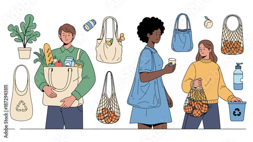 People Using Eco-friendly Reusable Bags for Grocery Shopping.