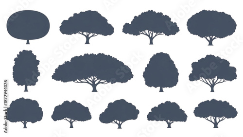 Diverse collection of stylized tree silhouettes for design
