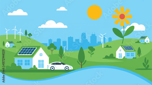 Eco friendly neighborhood with solar panels and wind turbines near city  sustainable living concept