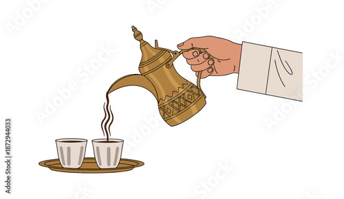 Hand Pouring Traditional Arabic Coffee from a Golden Dallah.