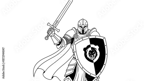 Medieval Knight in Armor Holding Sword and Lion Shield Illustration.