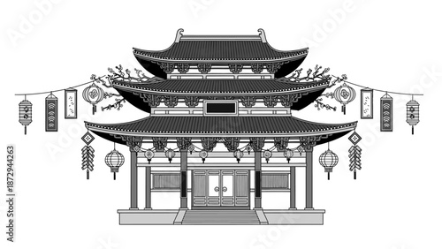 Traditional East Asian Pagoda Building with Festive Lanterns.