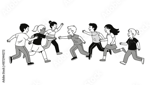 Group of Diverse Children Running and Playing Together Illustration.