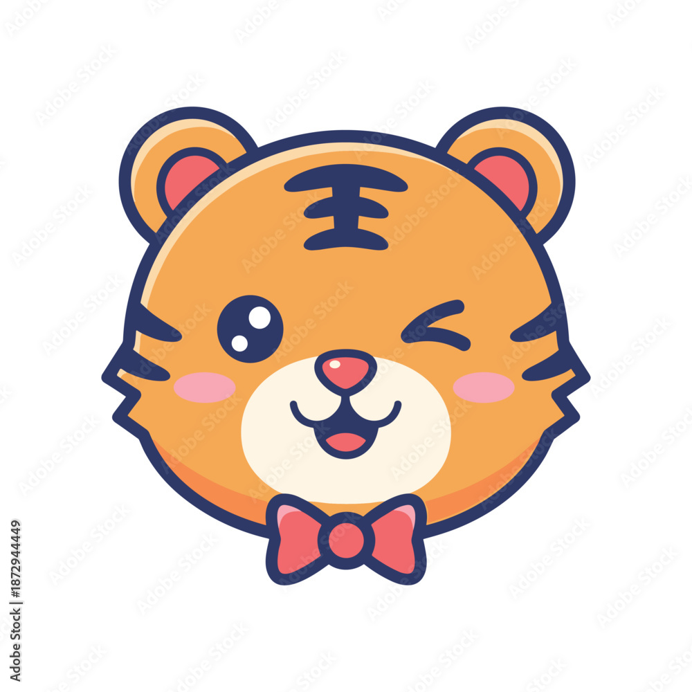 Obraz premium Cute Cartoon Tiger Face with Bow Tie Illustration