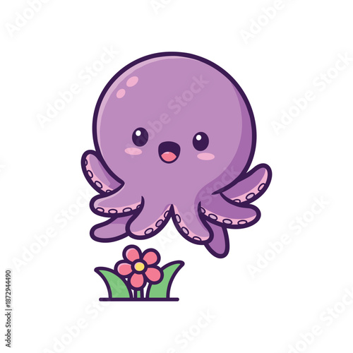 Adorable Purple Octopus with Flower Illustration