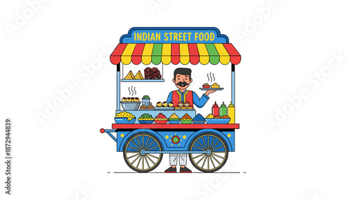 Colorful Indian street food cart with vendor illustration