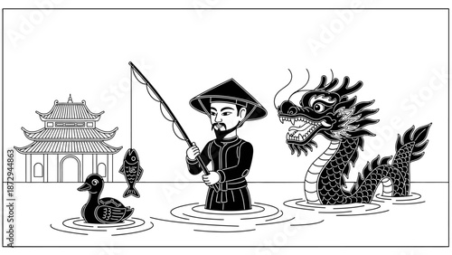 Vietnamese water puppetry traditional folk art illustration