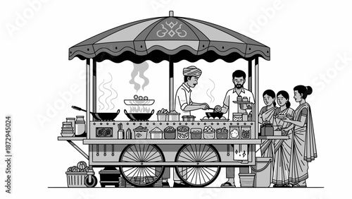 Indian street food cart with vendors and customers illustration.