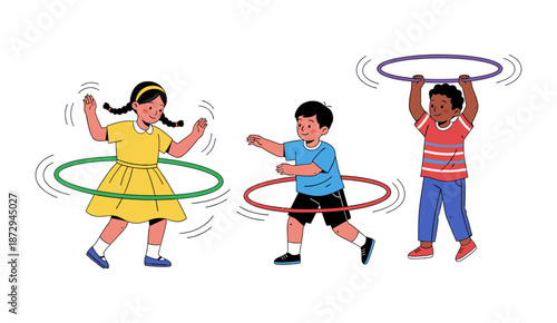 Diverse group of children playing with hula hoops illustration.