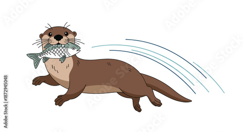 A cute cartoon otter running with a freshly caught fish in its mouth, with water splashing in the background on white.