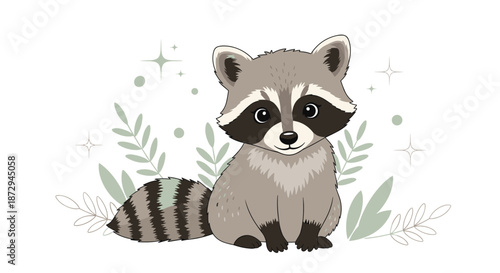 An adorable baby raccoon character sitting with a friendly smile, surrounded by soft green leaves and sparkles on a white background.