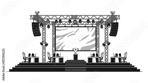 Professional e-sports tournament stage silhouette with large screen and gaming stations.