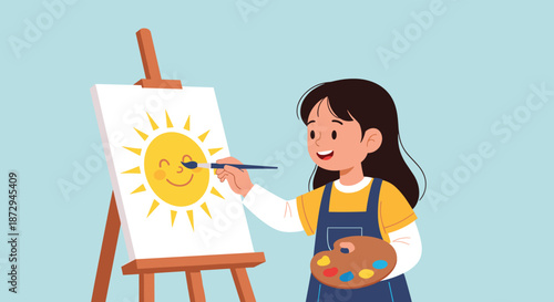 A happy young girl in an apron is painting a smiling, winking sun on a canvas with a paintbrush and a palette of colors.