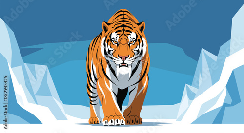 A powerful and fierce tiger is walking forward through a snowy, icy landscape, looking directly at the viewer with intensity.