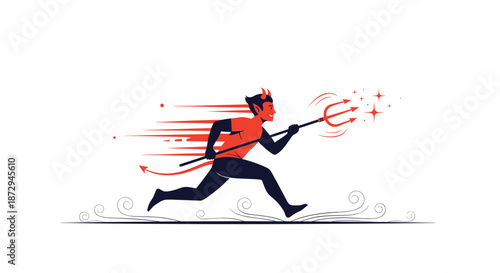 A stylized red devil character is running at high speed while carrying a trident, with motion lines indicating his velocity.
