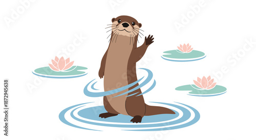 A friendly cartoon otter is standing in the water among lily pads and waving a paw with a cheerful, welcoming smile.
