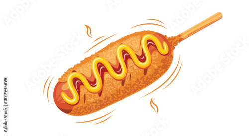 A delicious-looking cartoon corn dog on a stick, covered with a zigzag of yellow mustard and steaming hot from the fryer.