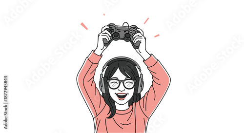 An excited young woman gamer with headphones and glasses is celebrating a victory by holding a video game controller up high.