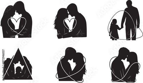 Silhouette illustrations of loving family and couple relationships together