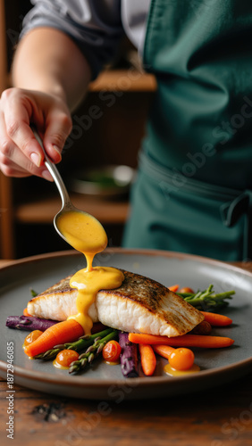 Chef drizzles sauce over beautifully plated fish dish with vibrant vegetables, showcasing culinary artistry and attention to detail