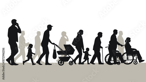 Silhouettes of diverse people of different ages and abilities walking together in a line.