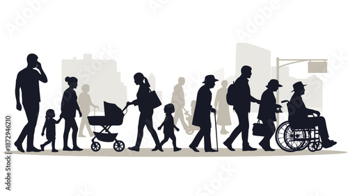 Diverse group of people of different ages and abilities walking together in a city silhouette.