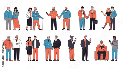 Diverse group of people of various ages and ethnicities holding hands and interacting with technology.