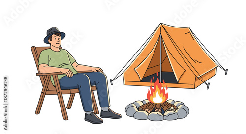 A man wearing a hat is relaxing in a camping chair next to a roaring campfire in front of an orange tent at a campsite.