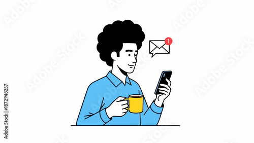 A man with an afro hairstyle holding a coffee mug and a smartphone with an email notification.