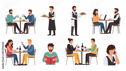 A collection of illustrations depicting people dining in a restaurant, being served by waiters, and enjoying their meals.