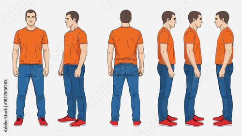 Multiple views of a man in an orange t-shirt and blue jeans, showing front, side, and back.