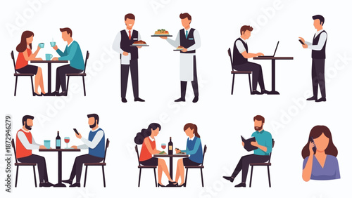 Collection of people dining and working in a cafe or restaurant setting, with waiters serving food and customers interacting.