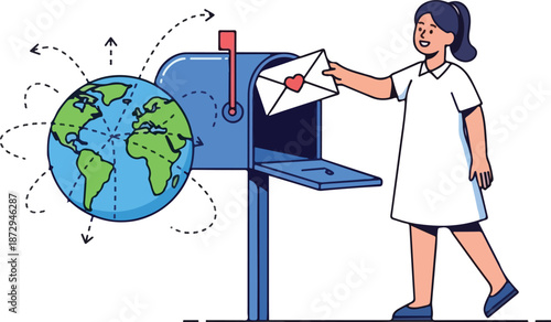 Girl putting envelope into mailbox next to global connections