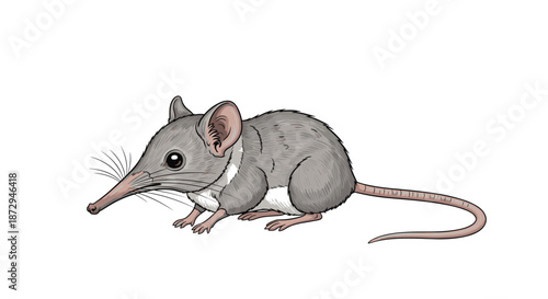 A detailed and realistic illustration of a small elephant shrew with its characteristic long nose, isolated on a white background.
