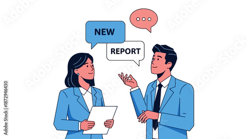 Two business professionals discussing a new report, one holding a document and the other gesturing while speaking.