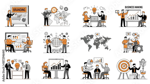 Collection of business and strategy illustrations depicting teamwork, presentations, and global expansion concepts.