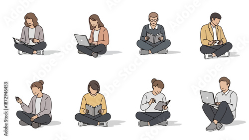 A collection of eight diverse individuals sitting cross-legged and engaged with various devices and books.