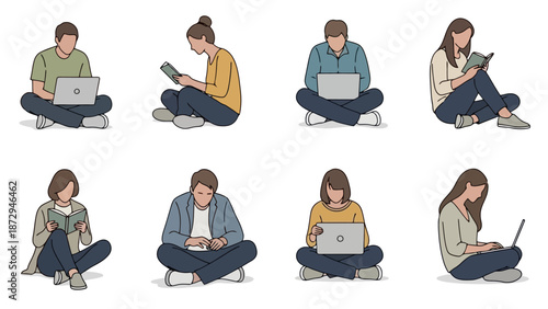 A collection of diverse people sitting cross-legged and engaged with various devices like laptops and books.