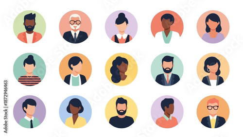 A collection of diverse, stylized avatar icons representing various people in a grid layout.