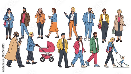 A diverse group of people of various ages and ethnicities walking in different directions, some using phones, one with a stroller, and another with a dog.