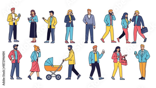 A diverse group of people of various ages and genders engaged in everyday activities, many using mobile phones.