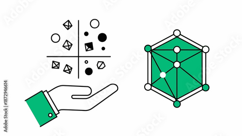 Illustration of a hand holding a collection of geometric shapes and a hexagonal network structure.