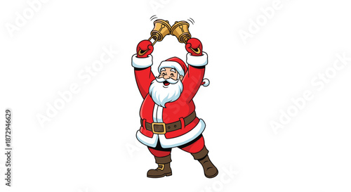 A cheerful Santa Claus is happily ringing two large golden jingle bells to celebrate the Christmas holiday season on white.