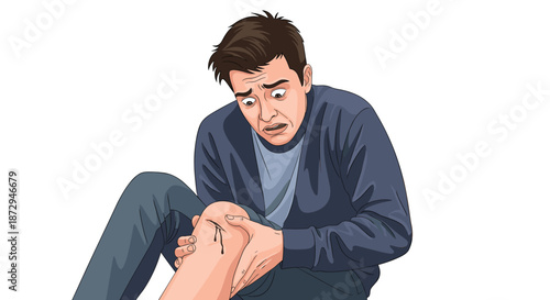 A shocked and horrified man is looking down at a leech attached to his bleeding knee after an injury in the wilderness.