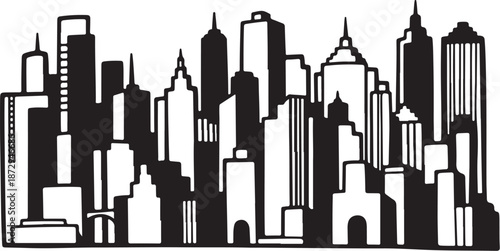 Black and white city skyline with tall buildings illustration