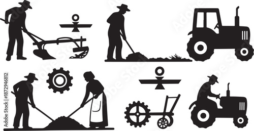 Farmers working with agricultural equipment and machinery silhouettes illustration set